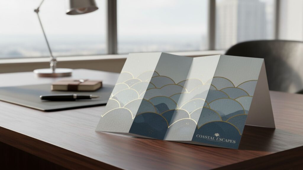 a imagem representa um folder sanfonado com acabamentos de luxo, em cima de uma mesa